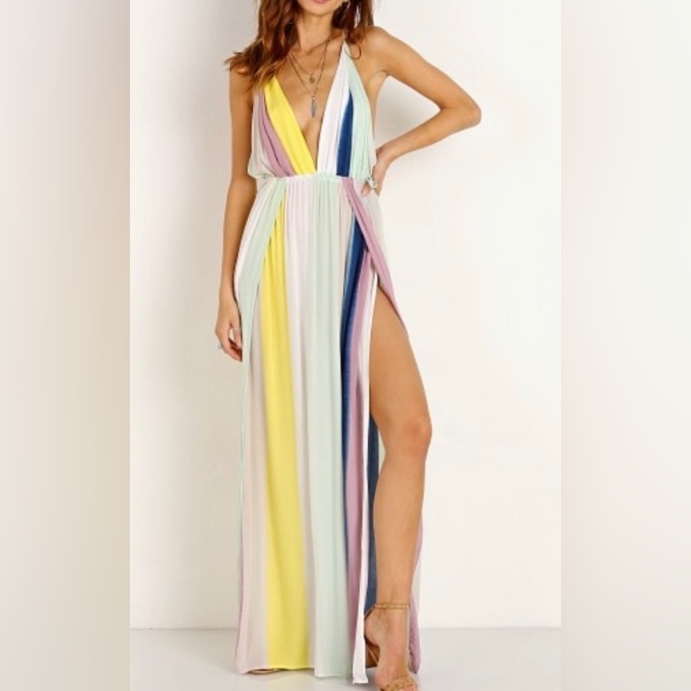 Indah River Maxi Dress Stripe Tropical Slit NEW